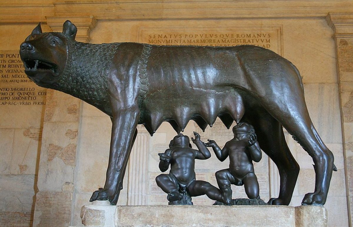 A bronze statue of the she-wolf with Romulus and Remus.