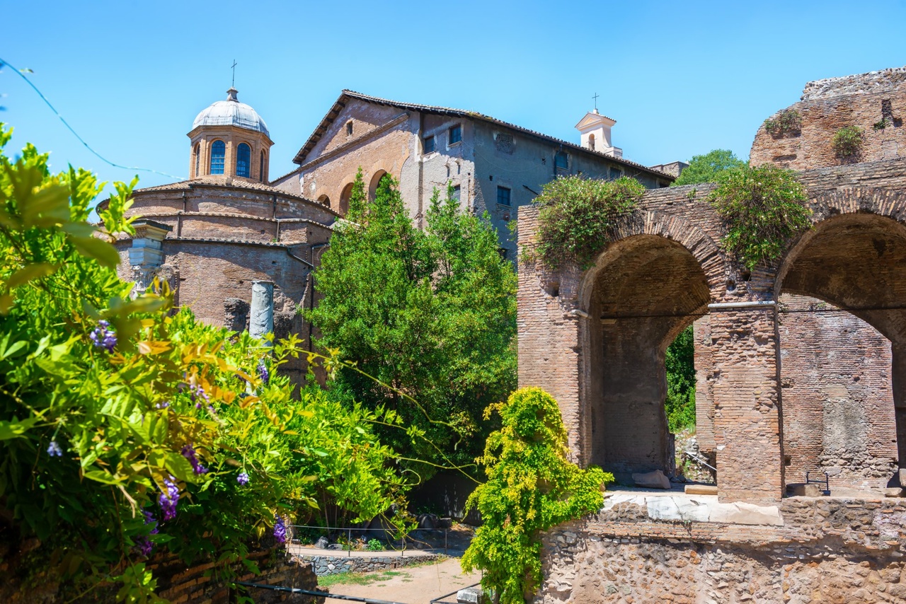 The image shows ancient ruins with greenery and a dome structure in the background.